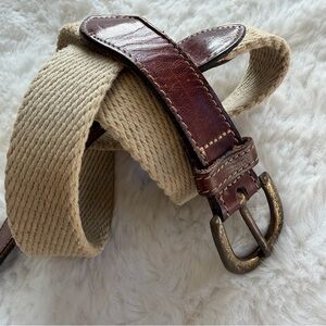 Vintage 1970s Dooney & Bourke Leather & Khaki Woven Belt Solid Brass Buckle